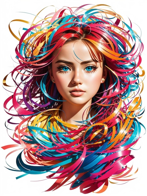 A poster of a woman with colorful hair and colorful hair.