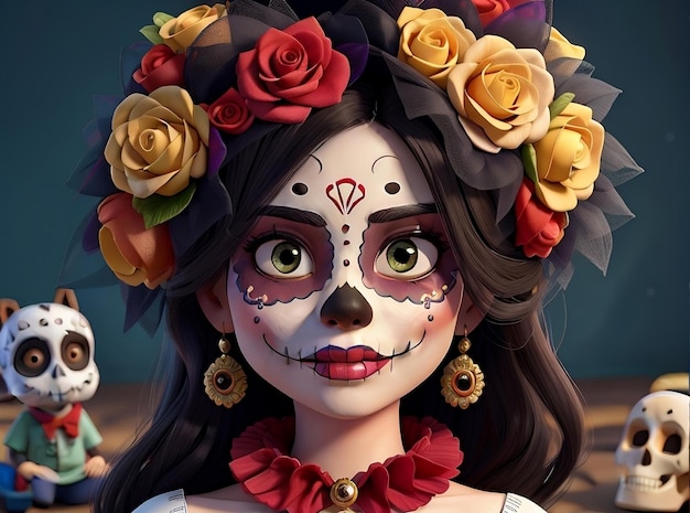 a poster for a woman with flowers and a skull