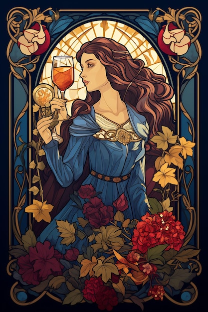 a poster for a woman with a glass of wine and a glass of wine