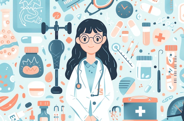 a poster of a woman with glasses and a lab coat with the words  doctor  on it