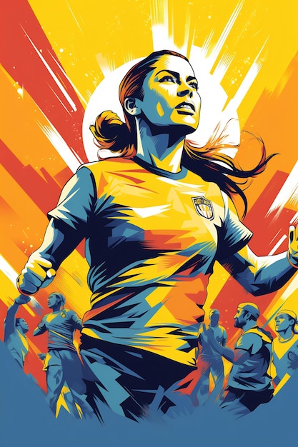 A poster for a woman with a graphic of a woman wearing a yellow shirt and shorts