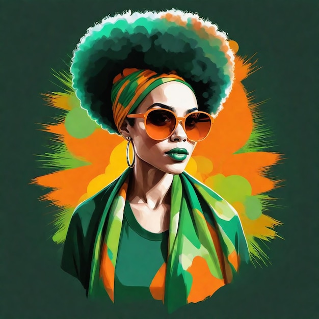 a poster for a woman with a green shirt and sunglasses