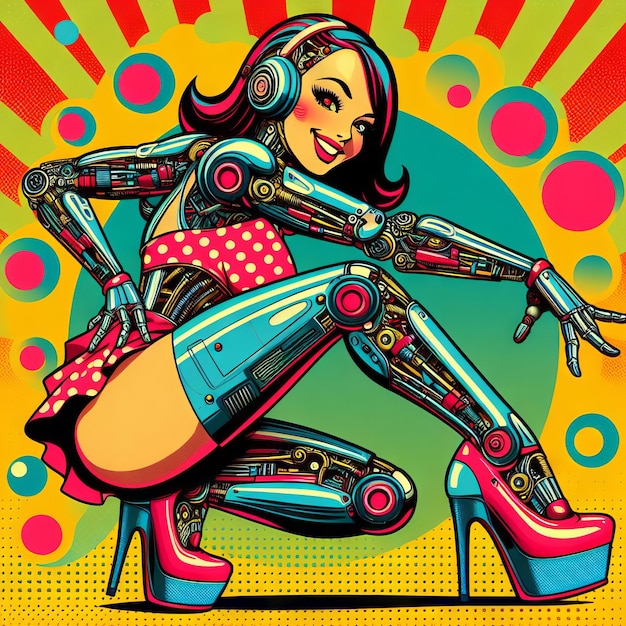 a poster for a woman with headphones on and a picture of a woman wearing a pair of neon high heels