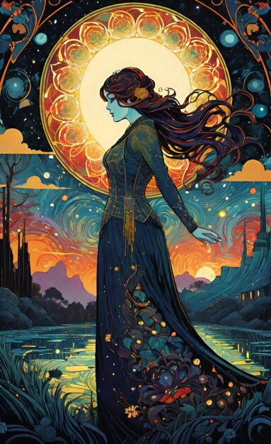 a poster of a woman with long hair and a blue dress with a moon in the background