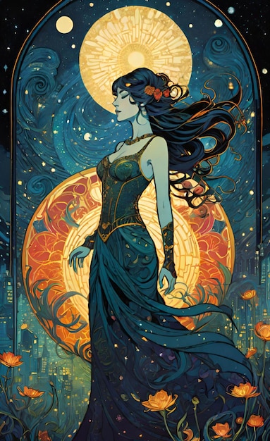 a poster of a woman with a moon and stars