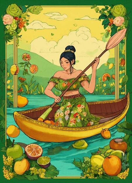 a poster for a woman with a paddle and a picture of a woman in a canoe