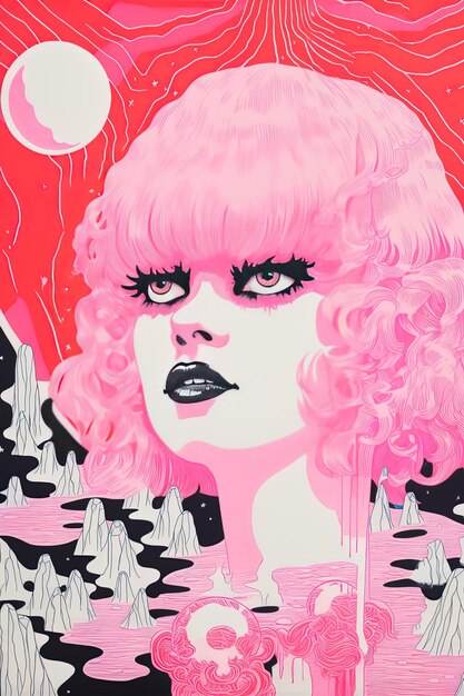 a poster for a woman with pink hair and pink hair.