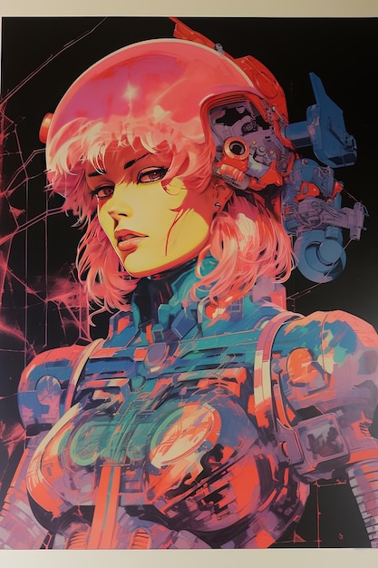 a poster for a woman with a pink hair and a red and blue shirt