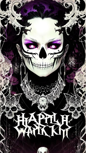 Photo a poster for a woman with purple eyes and a black background with a purple skull.