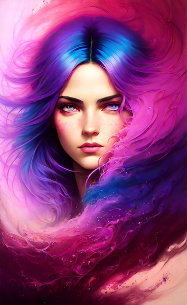 Постер для женщины с фиолетовыми волосами и фиолетовым волосом.