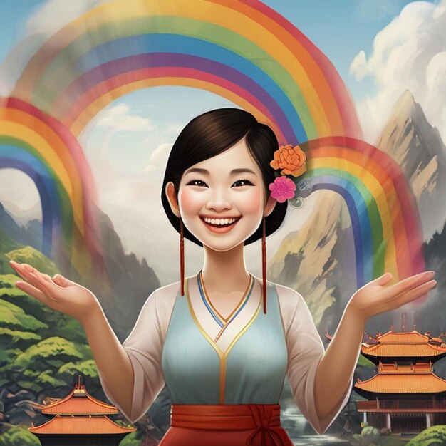 a poster of a woman with a rainbow in the background