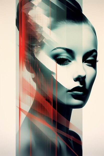 赤と黒の背景を持つ女性のポスター。