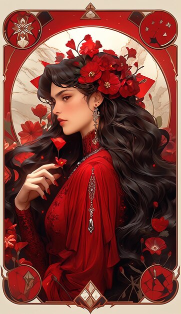 a poster for a woman with a red flower in her hair