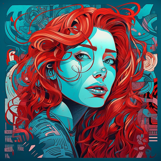 A poster of a woman with red hair and blue and green colors.