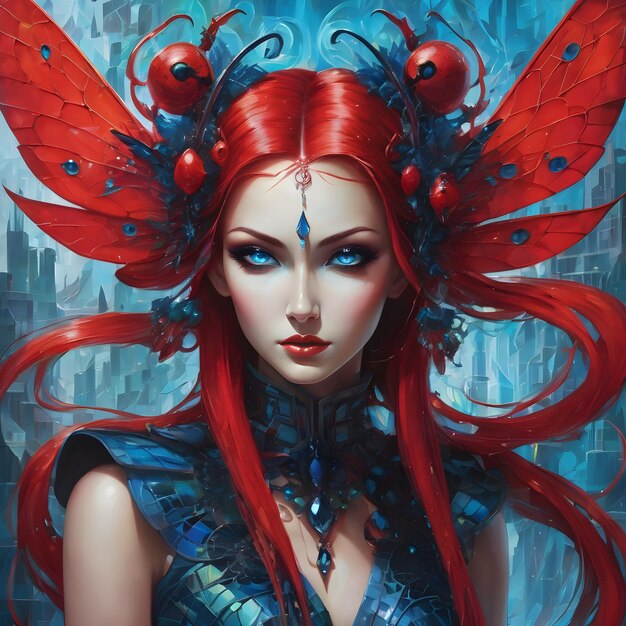 a poster of a woman with red hair and a red headdress