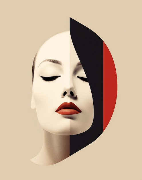 a poster for a woman with a red lip and a black and white stripe on it.