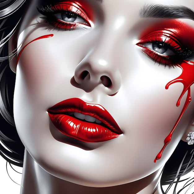 顔に赤いリップスティックを塗った女性のポスター