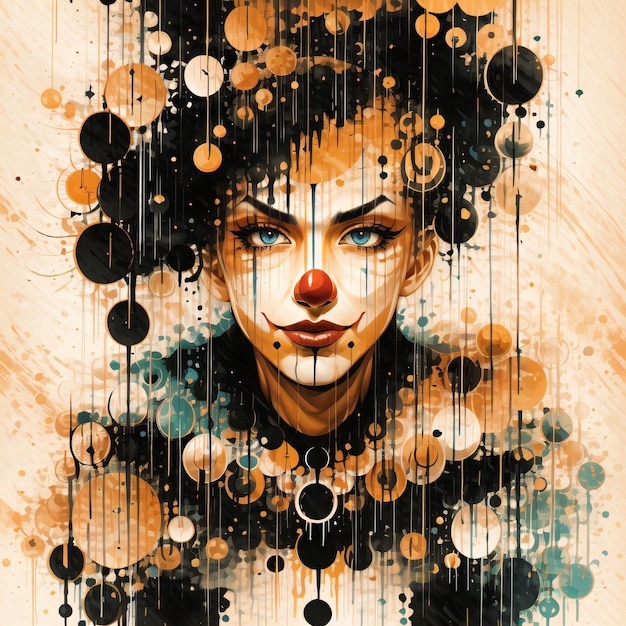 A poster for a woman with a red nose and a black and gold circle on the bottom.