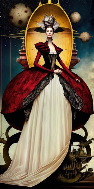 赤と白のドレスと黄色と黒の帽子を着た女性のポスター