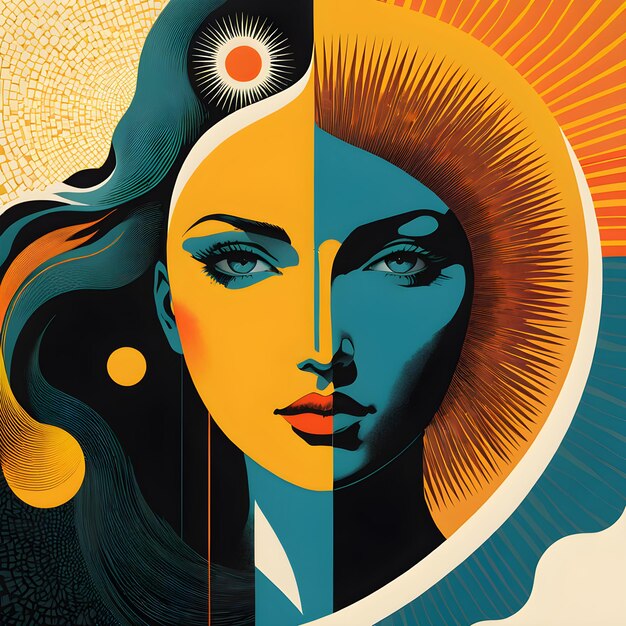 a poster for a woman with a sun in the background