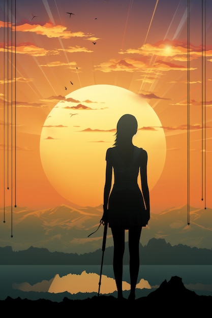 A poster of a woman with a sun background