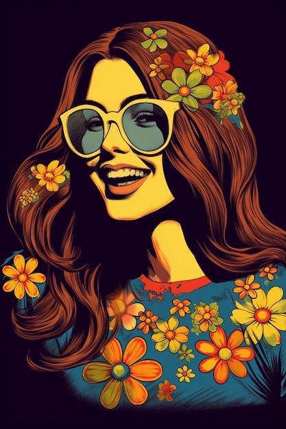 A poster of a woman with sunglasses and flowers on her head.