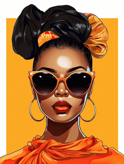 선글라스와 머리 모양을 한 여성을 위한 포스터.