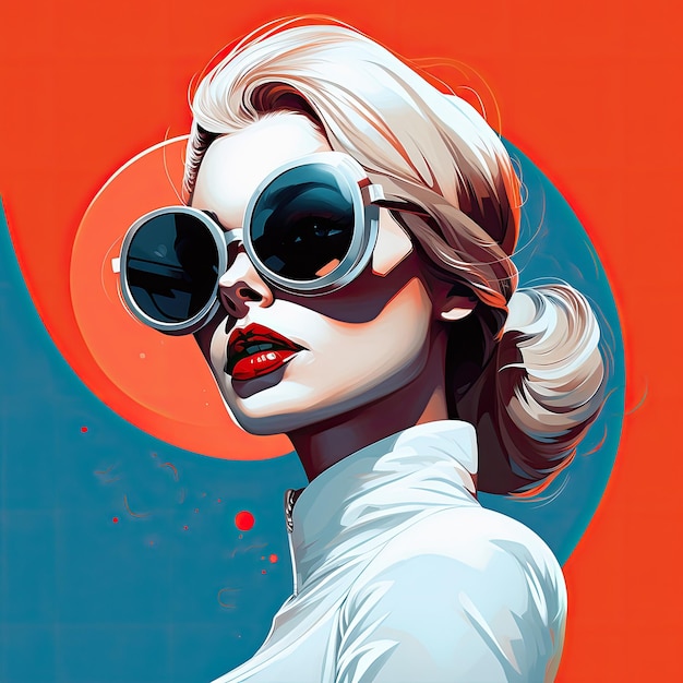 A poster for a woman with sunglasses and a red circle in the background