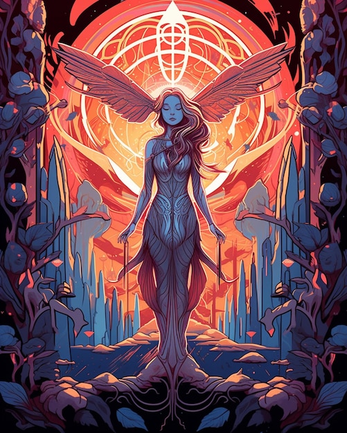 a poster of a woman with wings standing in front of a sunset generative ai