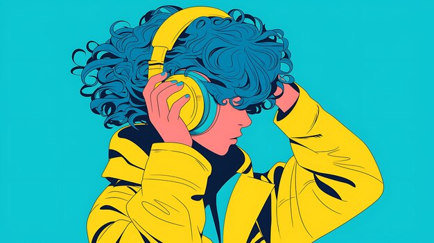 Photo a poster of a woman with a yellow headphones and a blue background