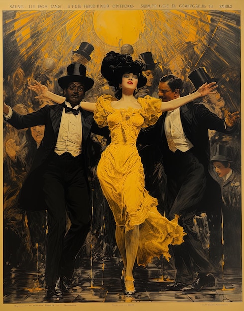 a poster of a woman in a yellow dress and a man in a yellow dress with a yellow dress on the front