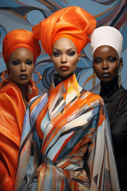 a poster of women with orange turbans