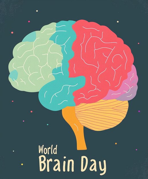 Photo poster for world brain day with a drawn colored brain and a congratulatory inscription