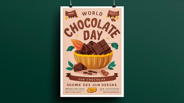 Photo a poster for world chocolate day is hanging on a green wall