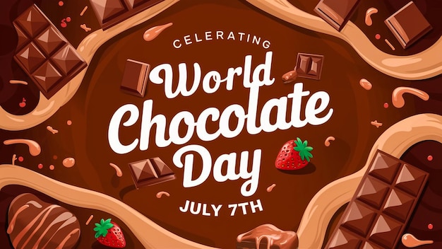 a poster for world chocolate day with a brown background