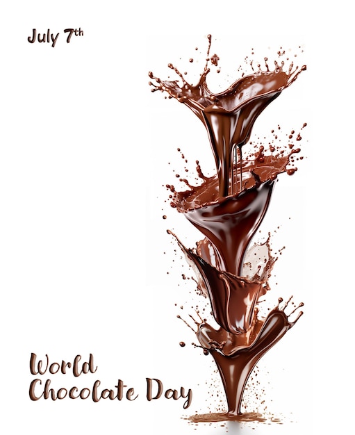 A poster for world chocolate day with chocolate pouring out of the top.