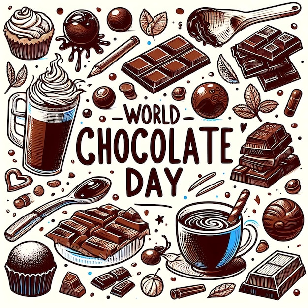 a poster of a world chocolate day with a cup of coffee and chocolates