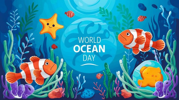 Foto un poster per la giornata mondiale dell'oceano con coralli e pesci