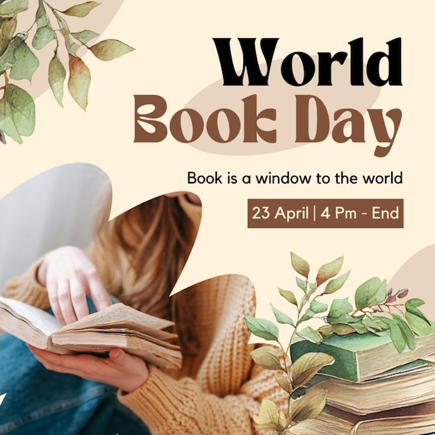 a poster for world day with a woman reading a book
