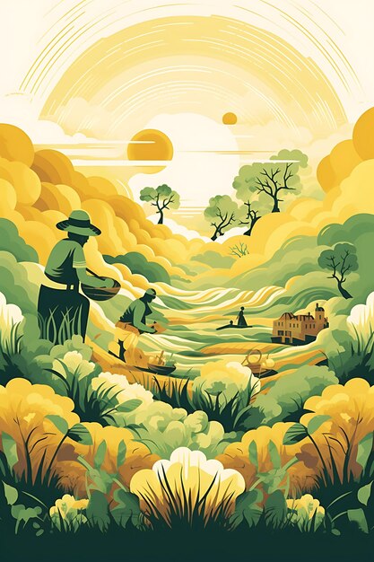 Poster of world food day with farmers harvesting crops in fields yello 2d design international day