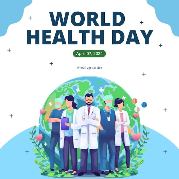 a poster for world health day with people in a circle and a blue background