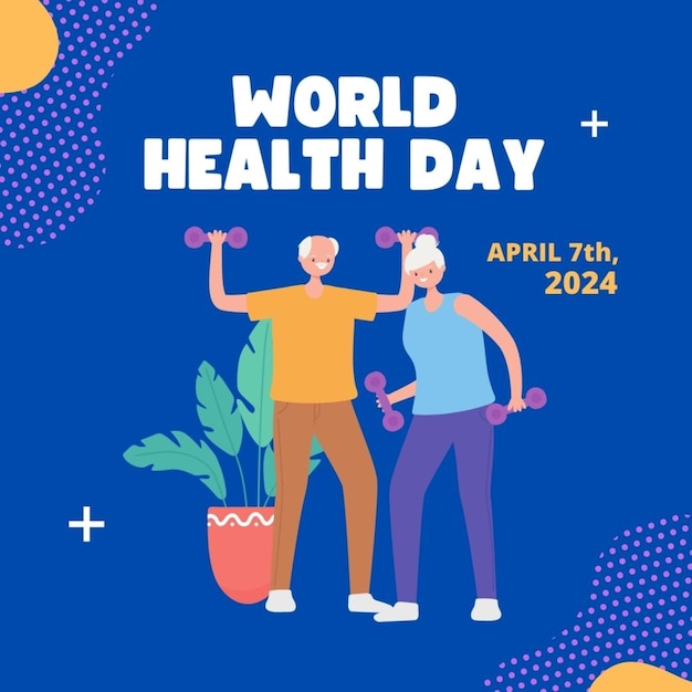 Photo poster for world health day with people doing exercises with a blue background