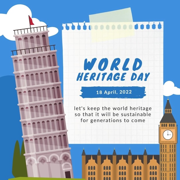 '세계 유산'이라는 글이 새겨진 파란 리본을 가진 세계 유산의 날 포스터