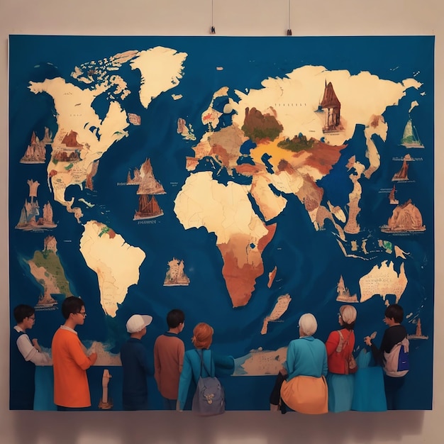 A poster of a world map with people around it