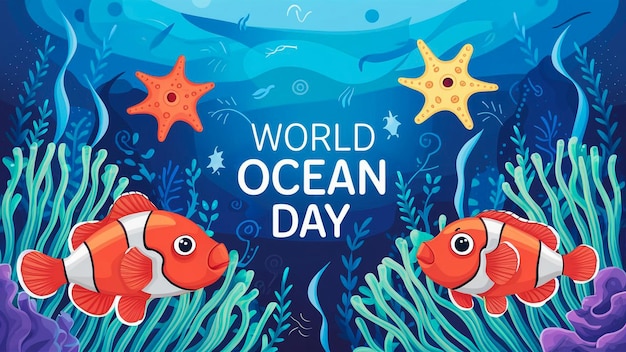 a poster for the world ocean day with fish swimming around it