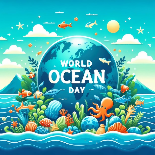 a poster for world ocean day with sea view
