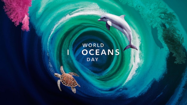 a poster for world ocean with sea dolphins and a dolphin