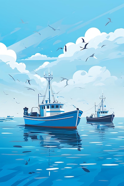 Poster of world oceans day fishing boats at sea blue and aqua paint st 2d design international day