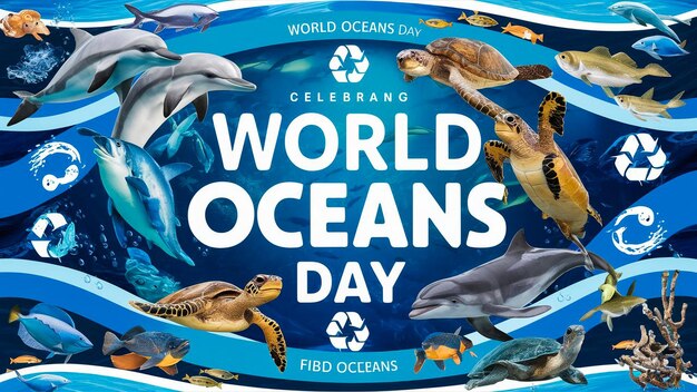 Photo a poster for world oceans day of oceans with a picture of fish and sea turtles