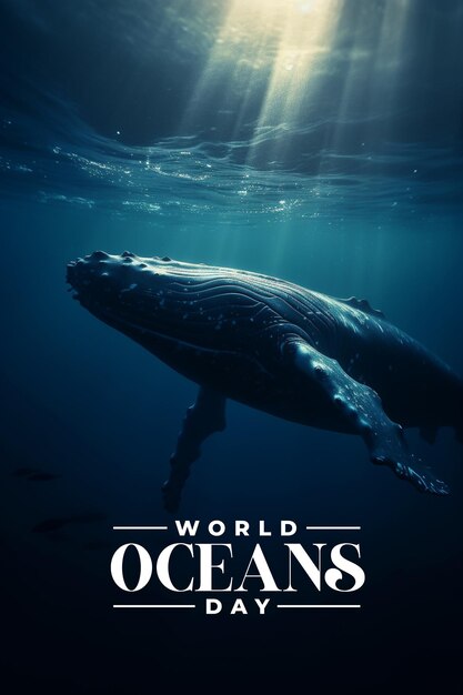 Foto un poster per la giornata mondiale degli oceani mostra una balena che nuota nell'oceano.